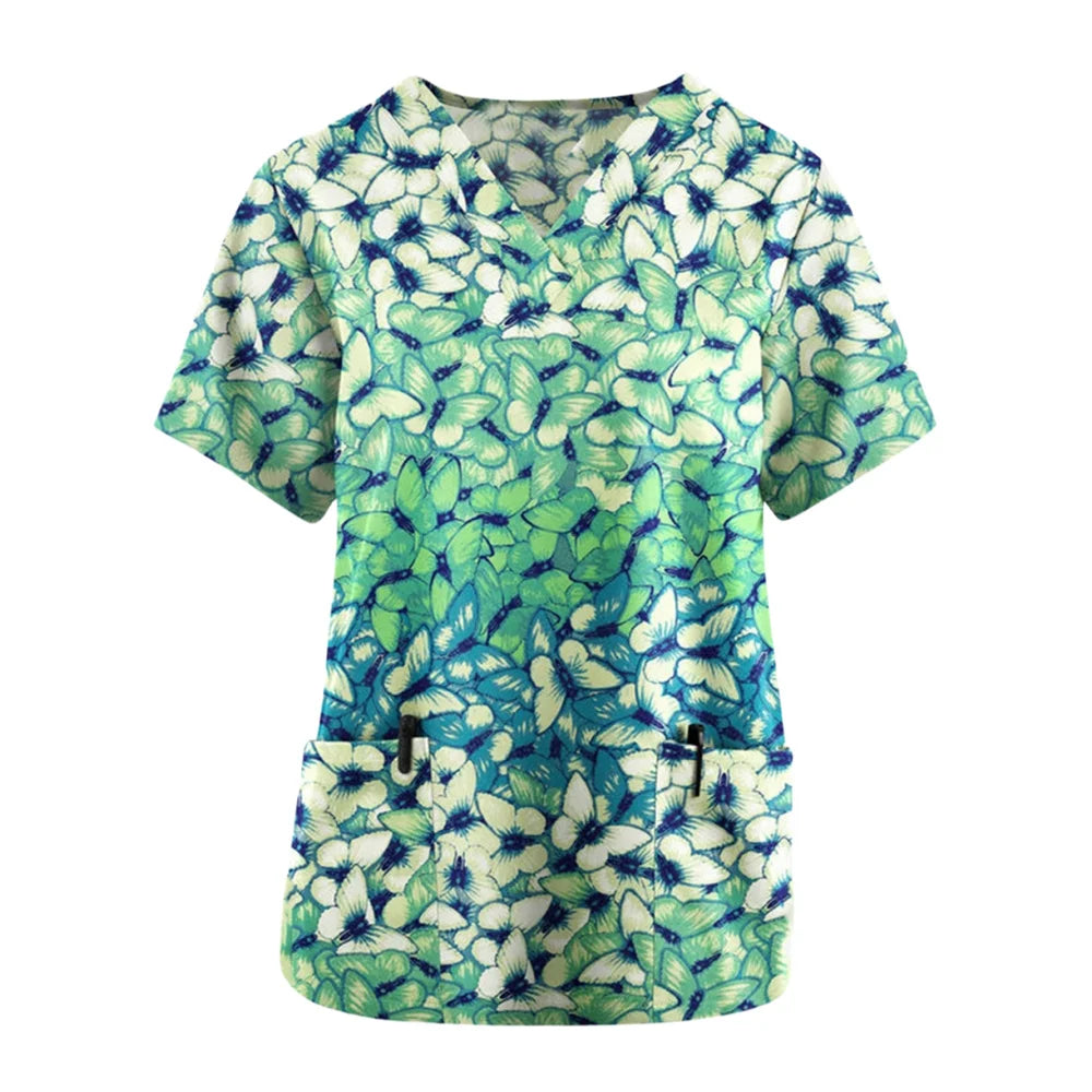 Print Scrubs Top Women with Pockets V-Neck Scrub Uniforms Pet Grooming