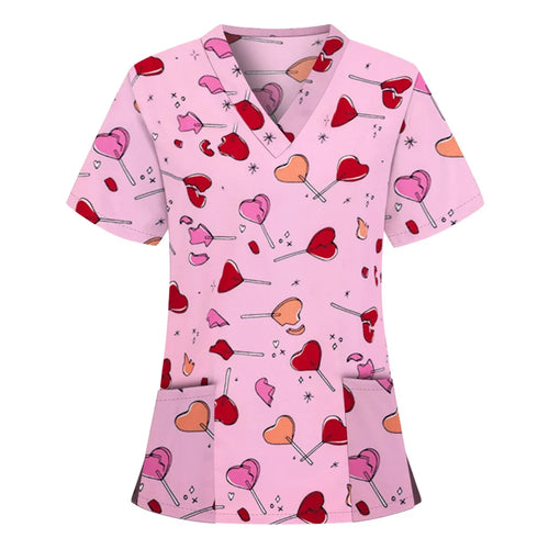 Print Scrubs Top Women with Pockets V-Neck Scrub Uniforms Pet Grooming